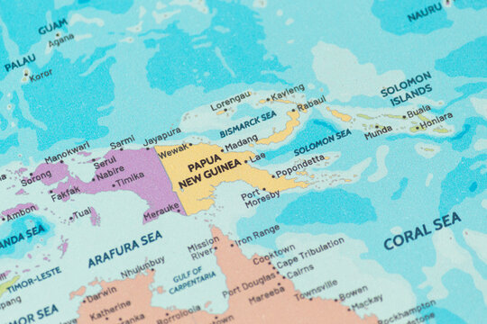 Close up view of papua new guinea on a modern political world map