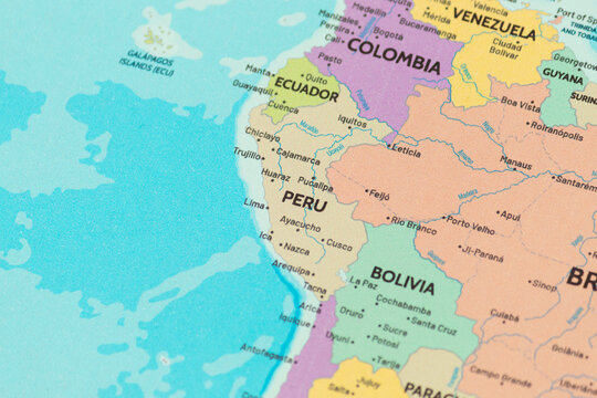 Close up view of peru new guinea on a modern political world map