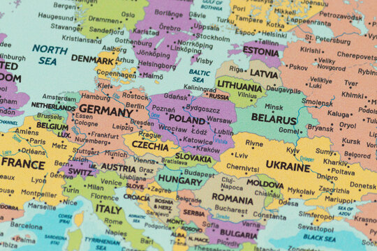 Close up view of poland on a modern political world map