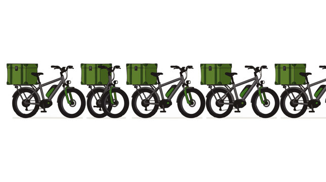 Green electric delivery bicycle with cargo box on white background, concept for urban logistics, sustainable courier service and food delivery promotion