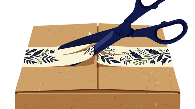 Craft cardboard box with sharp blue scissors cutting decorative ribbon, concept for parcel opening and online shopping delivery, perfect for e-commerce promotion and unboxing design