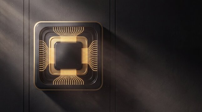 Luxury technology design, a sleek, luxurious quantum processor in brushed titanium and gold glows amidst dust motes