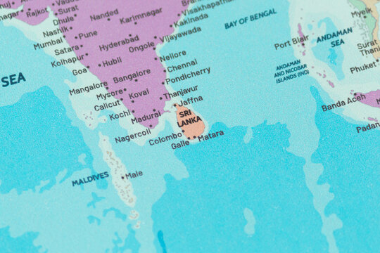 Close up view of sri lanka on a modern political world map