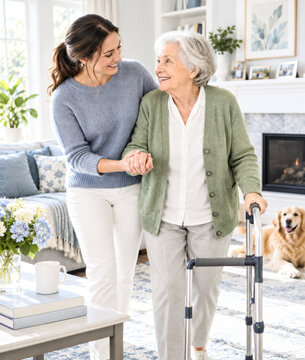 Younger woman helping her elderly mother walk with a walker in a cozy living room