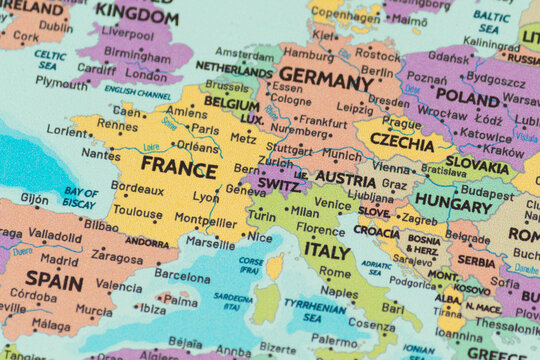 Close up view of switzerland on a modern political world map