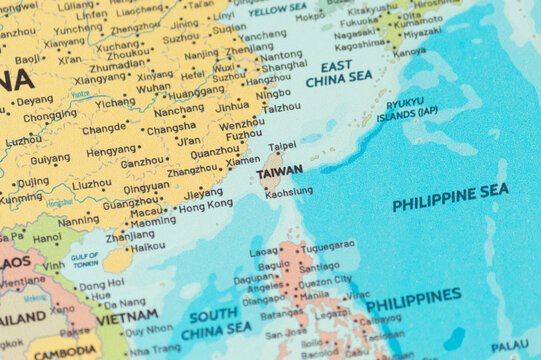 Close up view of taiwan on a modern political world map