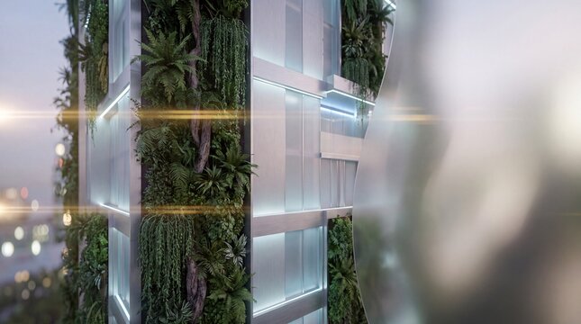 Biophilic architecture, a luxurious skyscraper facade integrates a serene vertical forest design