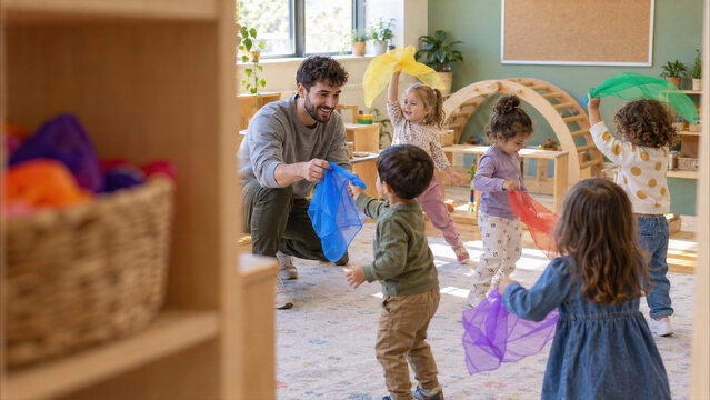 Adult playing with children in a bright indoor playroom