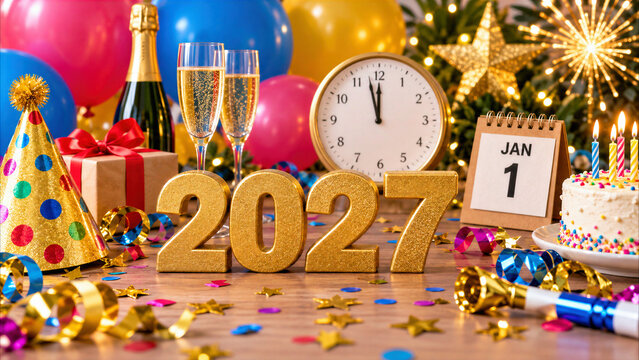 New Year 2027 still life with champagne, clock and January 1 calendar