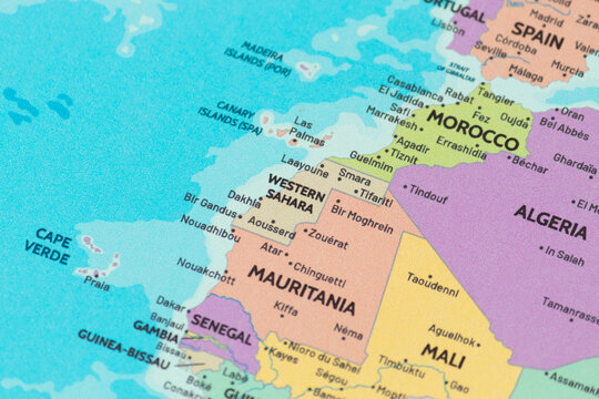 Close up view of western sahara on a modern political world map