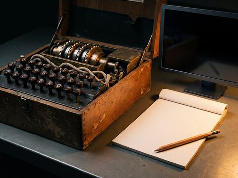 Vintage cipher machine and blank monitor screen on desk