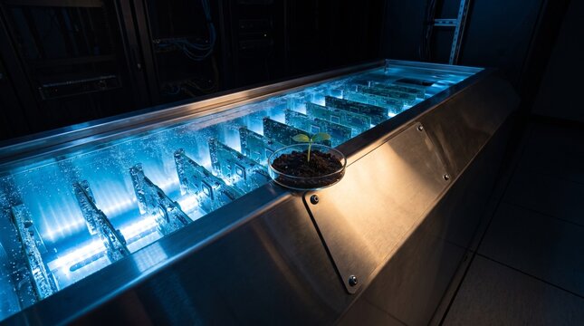 Green seedling on immersion cooling tank in dark data center