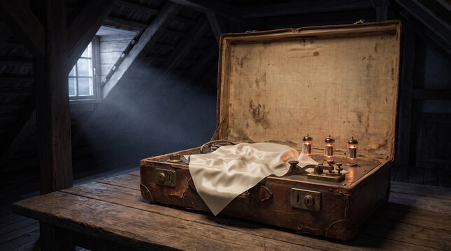 Silk cloth draped over vintage suitcase radio in dark attic