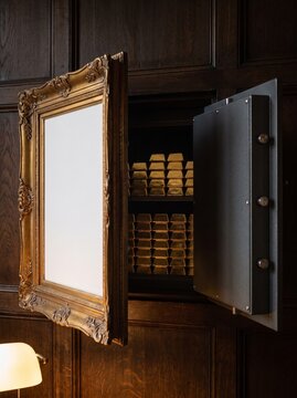 Open hidden wall safe full of gold bars behind blank painting