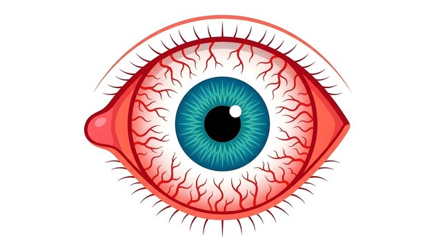 Illustration of an inflamed red human eye showing conjunctivitis and bloodshot vessels on a white background.