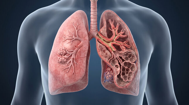 Anatomical 3D illustration of human lungs showing emphysema and COPD damage inside a torso silhouette.