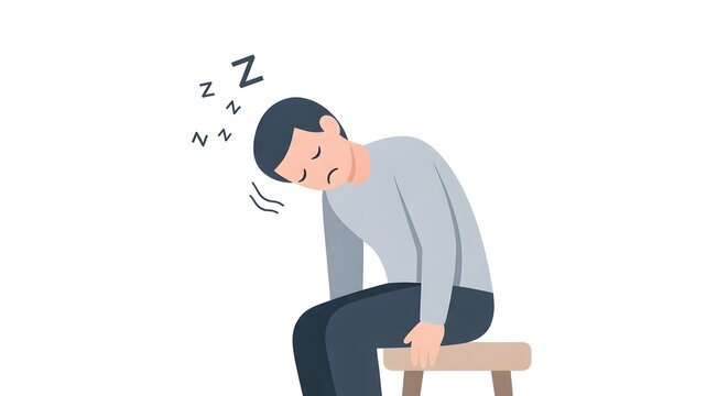 Exhausted Young Man Nodding Off and Falling Asleep Sitting on a Stool Illustration.