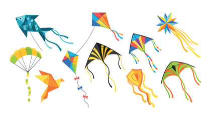 Fototapeta premium Colorful kites flying vector illustration set with various geometric shapes fish bird star and traditional kite designs