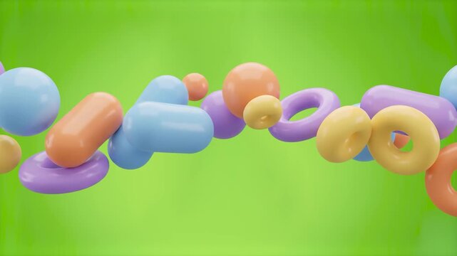 A smooth 3D animated wave stream of pastel geometric primitives like spheres, rings, capsules, and toruses flowing across a chroma key green backdrop. Ideal for keyable video transitions, abstract mot