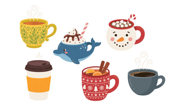 Cozy winter hot drinks vector set with cute snowman dolphin holiday mugs coffee tea cocoa and mulled wine