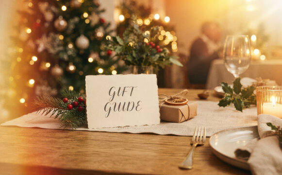 Festive Christmas table setting with a gift guide sign, small wrapped present, pine branch with berries, and candlelight for holiday shopping inspiration
