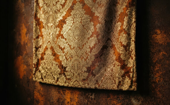 Luxurious gold damask fabric pattern on rich brown textured background for elegant interior design and vintage upholstery projects