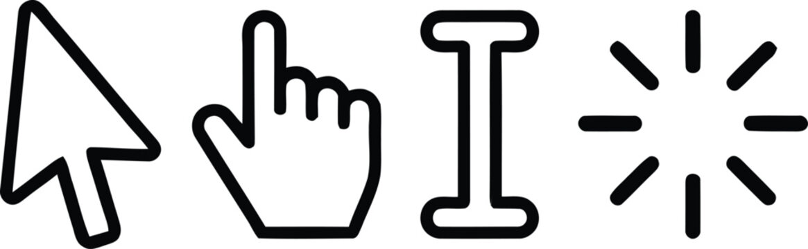 Set of outline vector icons representing mouse cursors, pointer hand, text I-beam selection, and loading wait indicator for UI and web design concepts