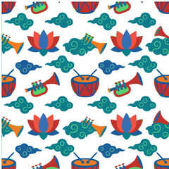 Obraz premium Seamless pattern of musical instruments and lotus flowers