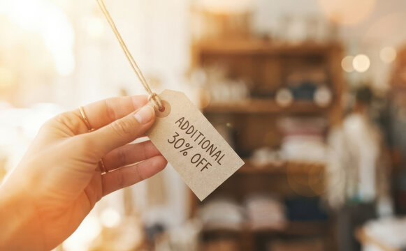 Close-up of a hand holding a sale tag with additional thirty percent off discount text in a boutique clothing store shopping concept