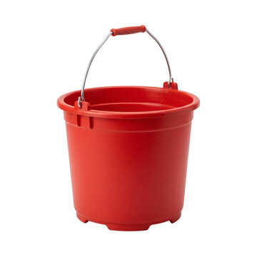 Durable red plastic bucket with a metal handle, perfect for gardening, cleaning, or carrying for versatile use.