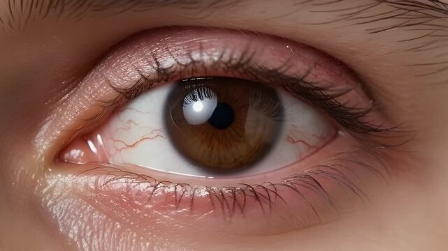 Extreme close up view of a brown human eye showing detailed iris texture pupil size and surrounding skin texture captured in high resolution for medical and beauty projects