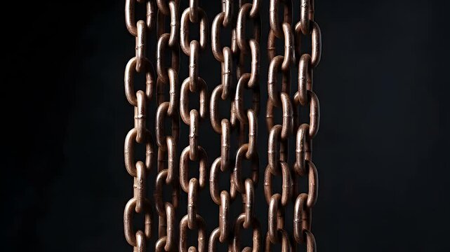 Several heavy industrial metallic chains hanging vertically on a dark background creating a strong visual pattern of interconnected links for construction or engineering concepts and industrial design