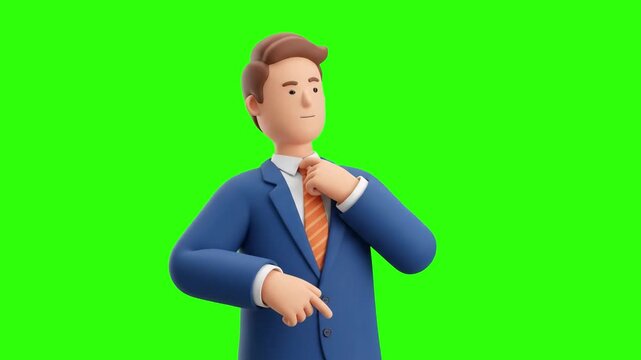 A professional 3D animated businessman in a blue suit and striped tie adjusting his necktie attentively on a chroma key green background. Great for corporate videos, job interview promos, business tut