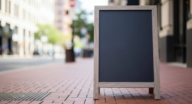 Blank wooden sidewalk chalkboard sign standing on a city street pavement for advertising marketing messages with soft blurred background