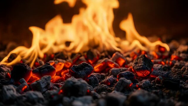Bright orange flames flicker and dance above a pile of glowing charcoal embers creating a warm intense atmosphere inside a traditional wood burning fireplace at night time setting