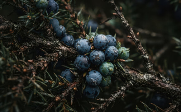 Macro closeup of ripe blue juniper berries growing on a prickly evergreen conifer bush in nature, conceptual botanical background for herbal medicine and natural gin ingredients