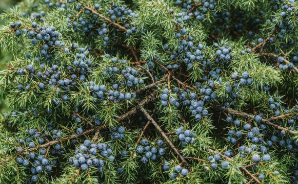 Fresh juniper berries growing on a green shrub branch in nature, organic botany plant macro photography for herbal medicine and natural gin flavoring background