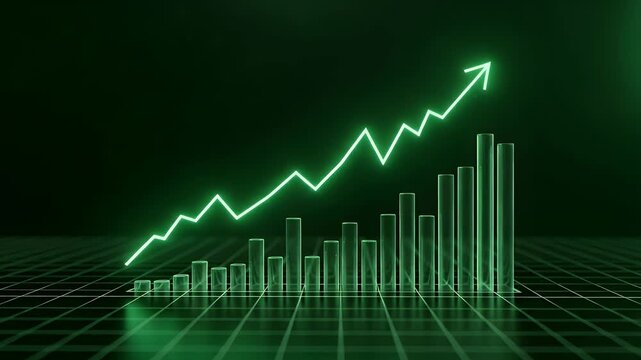 Green bar chart with a rising arrow indicator showing business growth and positive financial performance in a dark digital environment designed for professional corporate data analytics presentation