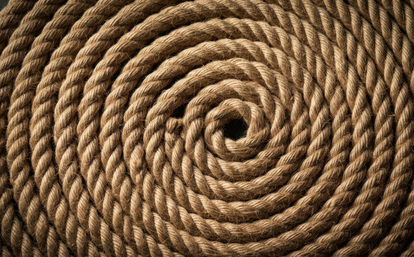 Coiled brown jute rope texture pattern background, rustic heavy hemp cord spiral close up for maritime, nautical, sailing, and industrial design concepts