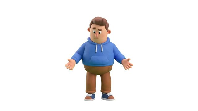 A 3D animated man in a blue hoodie searches through his pockets and realizes they are empty against a clean white background. Perfect for financial advice videos, budget explainer animations, e-commer