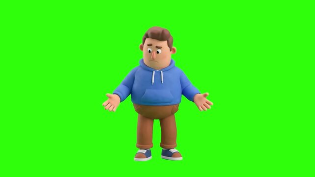 A 3D animated man in a blue hoodie checks his pockets only to find them completely empty on a chroma key green background. Ideal for concepts of bankruptcy, financial loss, missing money, no cash, and
