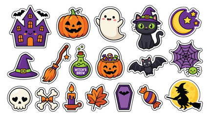 Fototapeta premium Halloween Seamless Pattern with Cartoon Pumpkins, Bats, Ghosts, Witches, Cats, Skulls and Spooky Icons for Autumn Holiday Celebration Vector Background