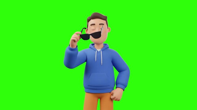 A stylish 3D animated young man in a blue hoodie lowering his sunglasses and winking on a chroma key green background. Excellent for trendy fashion ads, social media promos, cool character intros, you