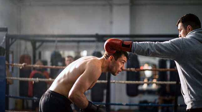 Seen in profile, a boxer bends forward as his sparring partner's punch passes just above his head, sweat flying, capturing genuine athletic reflex inside the ring.