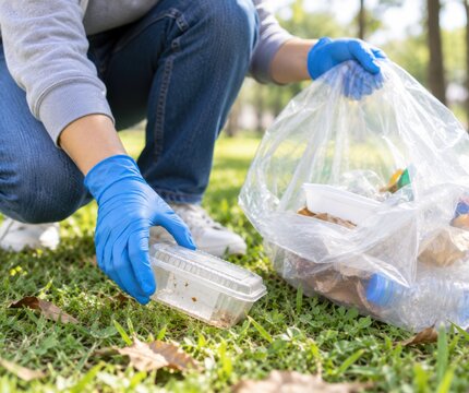 A person wearing blue gloves crouches in a park, carefully picking up plastic litter for recycling.