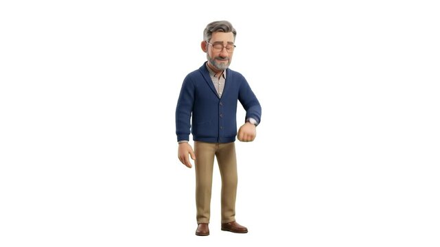 A stylish 3D animated mature bearded man in casual business attire checking the time on his wristwatch on an isolated white background. Ideal for business promos, time management clips, corporate anim