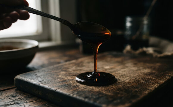 Dark molasses dripping from a spoon onto a rustic wooden cutting board in a cozy kitchen setting representing baking ingredients and sweet cooking