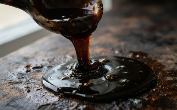 Dark molasses pouring from a wooden spoon onto a rustic table representing baking ingredients and sweet syrup for culinary uses