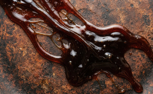 Sticky brown caramel syrup dripping and stretching on a dark rustic textured background for sweet food design and confectionery concepts