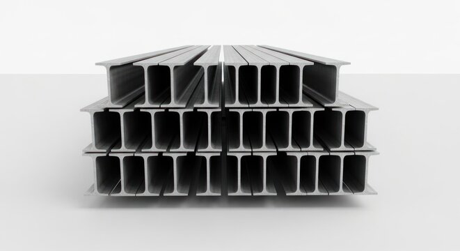 Stacked structural steel I-beams for construction projects.
